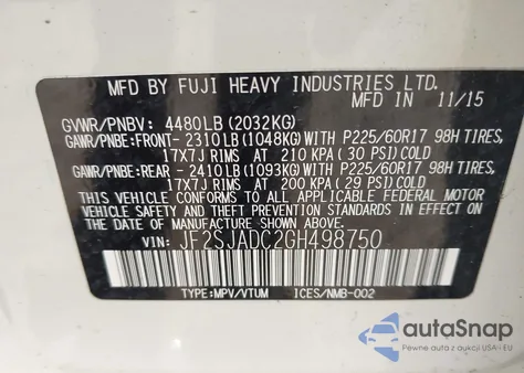 2016 Subaru Forester 2.5I Premium из США, поврежденный, VIN JF2SJADC2GH498750